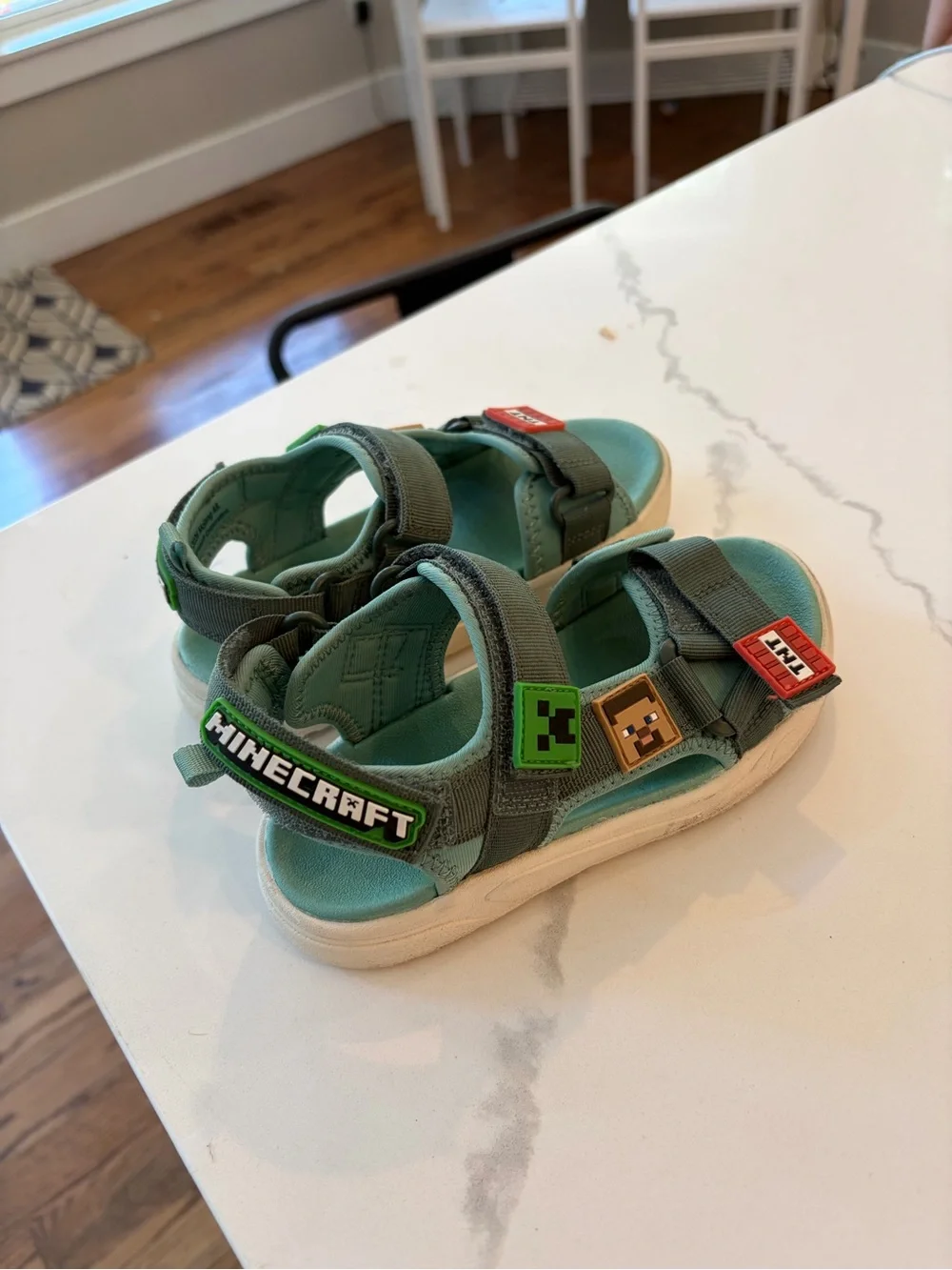 H&M Minecraft Teal Kids Open-Toe Sandals with Game Patch Details - Size 12